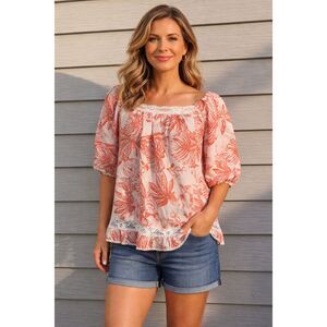 Artelier Nicole Miller Linen Rayon Peasant Top M Orange Floral Lace Trim Boho